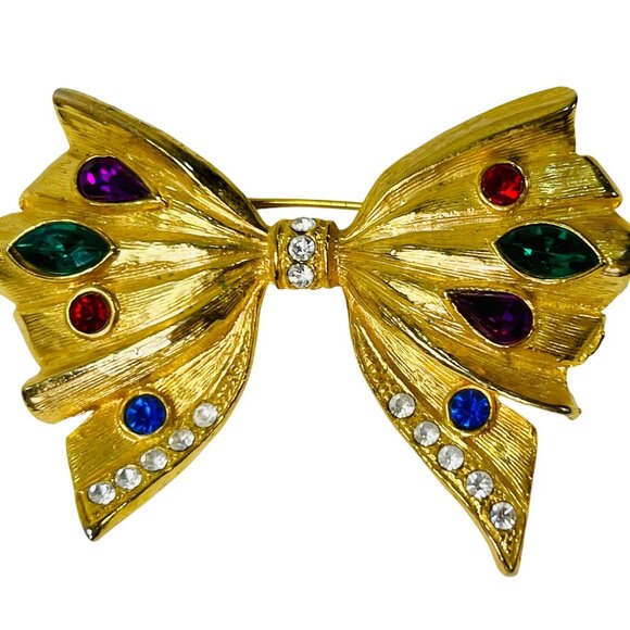 Vtg Gold Tone Bow Brooch Pin Clear and colorful Rhinestones Coat Scarf Hat Hair - Picture 3 of 6
